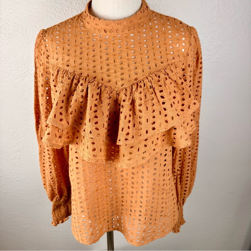 English Factory Copper‎ Eyelet Ruffle High Neck Blouse Size Small
